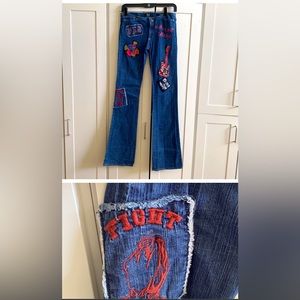 Preloved Versace jeans, patchwork, colorful,size 26,flared made in Italy.